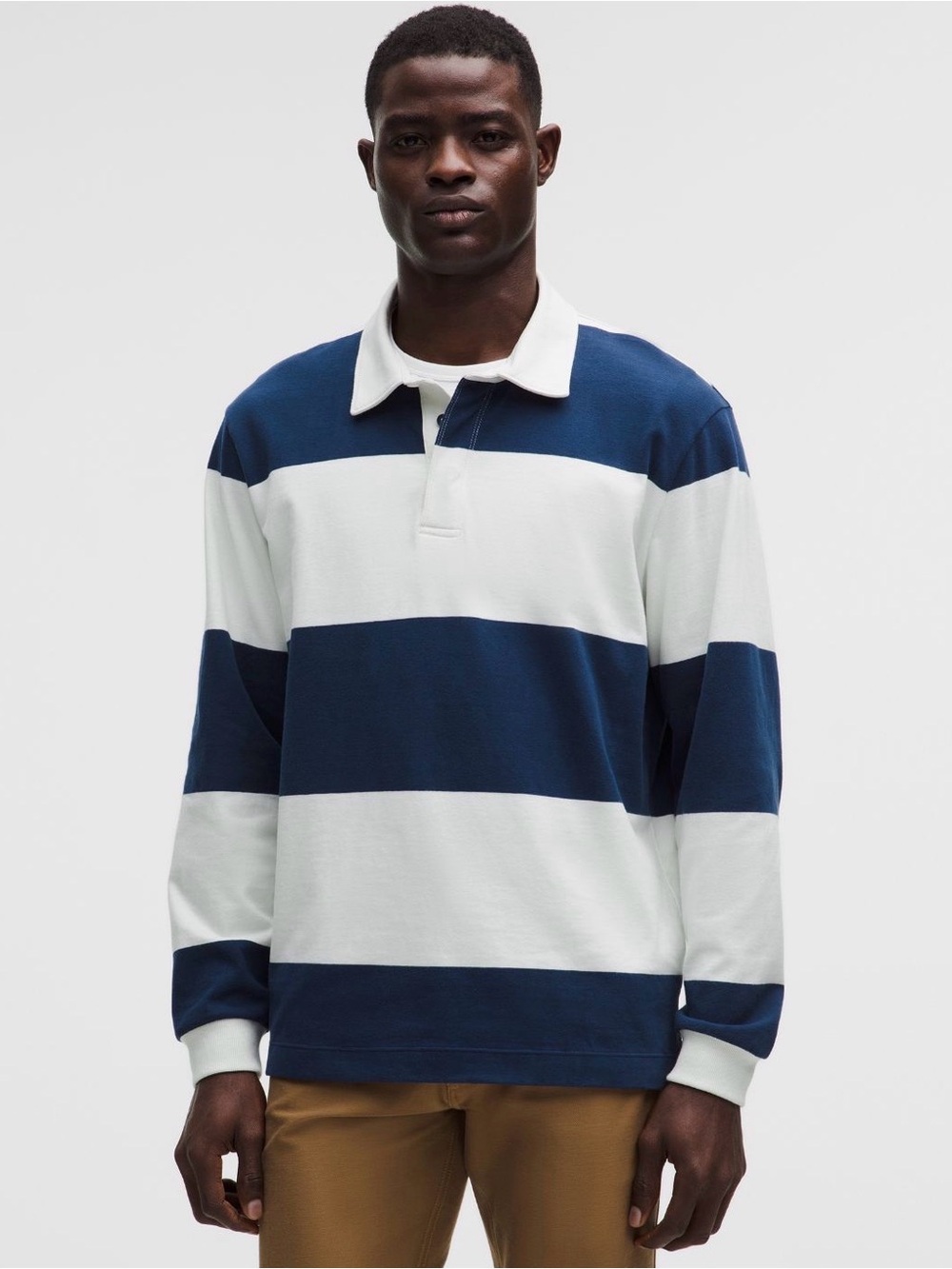 Lululemon Long Sleeve Cotton Rugby Shirt Club Blue Ivory Stripe Size Large NWT